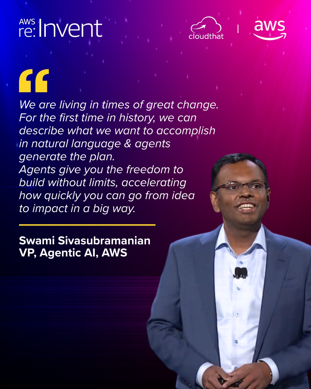 Say what you want. Let AI do the rest. Agentic AI is here - and it’s changing everything.

At his keynote session at AWS re:Invent, Swami Sivasubramanian shared how natural language powered agents are opening doors to faster innovation, limitless building, and bigger outcomes.

Stay tuned for more updates from @amazonwebservices re:Invent!

#aws #awsreinvent2025 #awsevent #cloud #technology #cloudcomputing #amazonwebservices #awscloud #amazon #reinvent #machinelearning #awsprogramming #lasvegas #awscommunity #replay