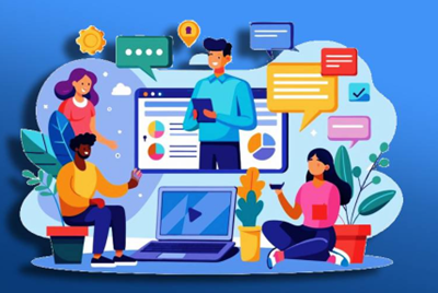 Team collaborating through digital tools and interactive communication channels and effective teamwork in a modern organizational setting.