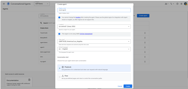 Screenshot of the Vertex AI Agent Builder interface showing the “Create agent” setup window with configuration options.