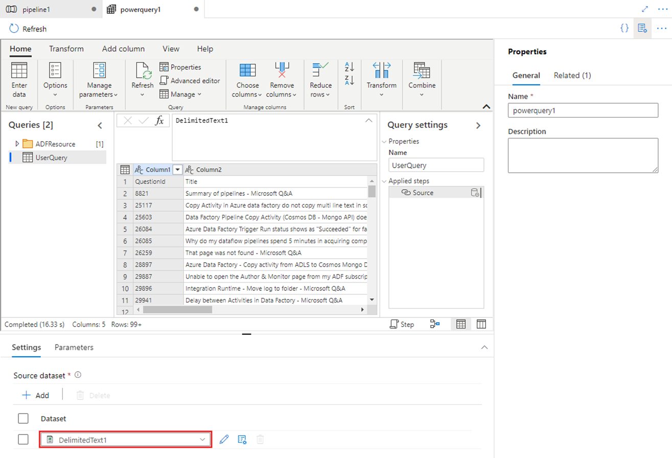 Azure Data Factory Power Query activity transforming data from a delimited text source.
