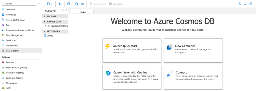 An image of the Azure Cosmos DB Data Explorer interface showing the Copilot option for AI-assisted query generation.