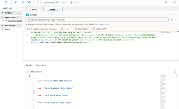 Azure Cosmos DB Data Explorer showing Microsoft Copilot generating a NoSQL query to find products with at least four reviews.