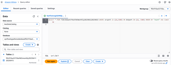 Amazon Athena query editor showing SQL to filter VPC Flow Logs for SSH (port 22) and RDP (port 3389) traffic.