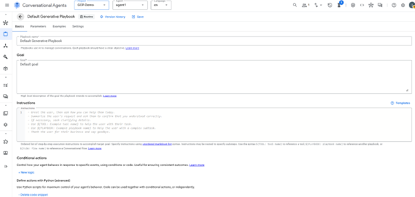 Screenshot of the Vertex AI Agent Builder playbook editor showing goal, instructions and conditional actions setup.