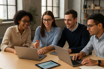 A group of employees collaborating with laptops around a table, reviewing data and discussing ideas to improve teamwork and employee productivity.