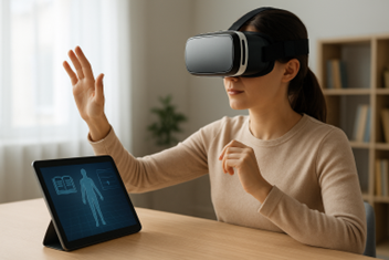 A woman using a VR headset for digital learning, showing how immersive tools support employee productivity.