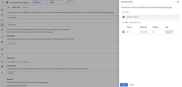 Vertex AI Agent Builder interface showing the process of adding a datastore tool.