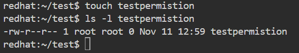 Terminal creating testpermistion file and showing its permissions -rw-r--r--.