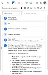 Preview of a travel AI agent responding to user queries about Jaipur in Vertex AI Agent Builder.