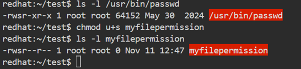 Terminal showing ls -l for /usr/bin/passwd with setuid bit, then chmod u+s applied to myfilepermission, making its permissions -rwsr--r--.