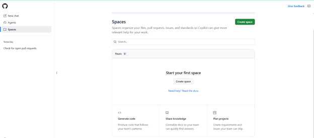 GitHub Copilot Spaces dashboard showing the option to create a new space with features for generating code, sharing knowledge and planning projects.