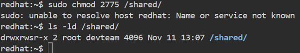 Terminal applying chmod 2775 to /shared/, then listing updated permissions drwxrwsr-x with owner root and group devteam.