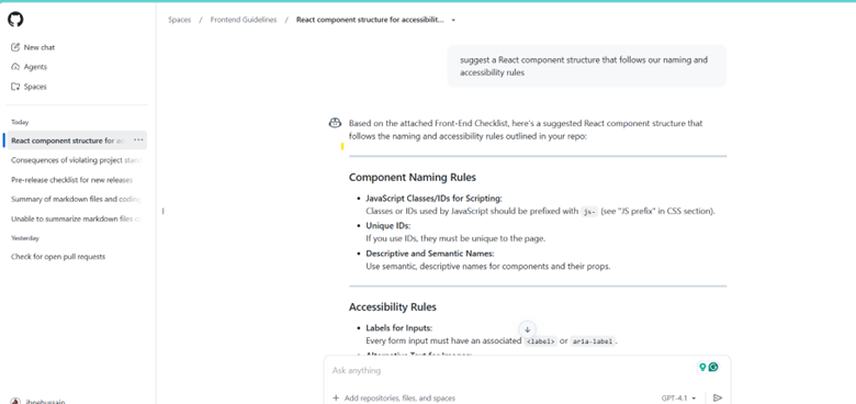 GitHub Copilot Spaces suggesting a React component structure following team coding and accessibility guidelines.