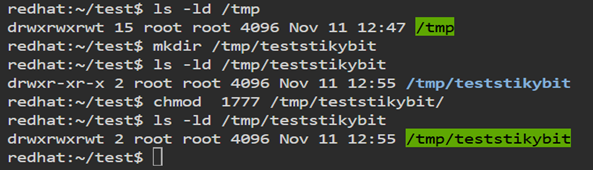 Terminal listing /tmp directory, creating teststikybit, then applying chmod 1777 to set sticky bit, showing permissions as drwxrwxrwt.