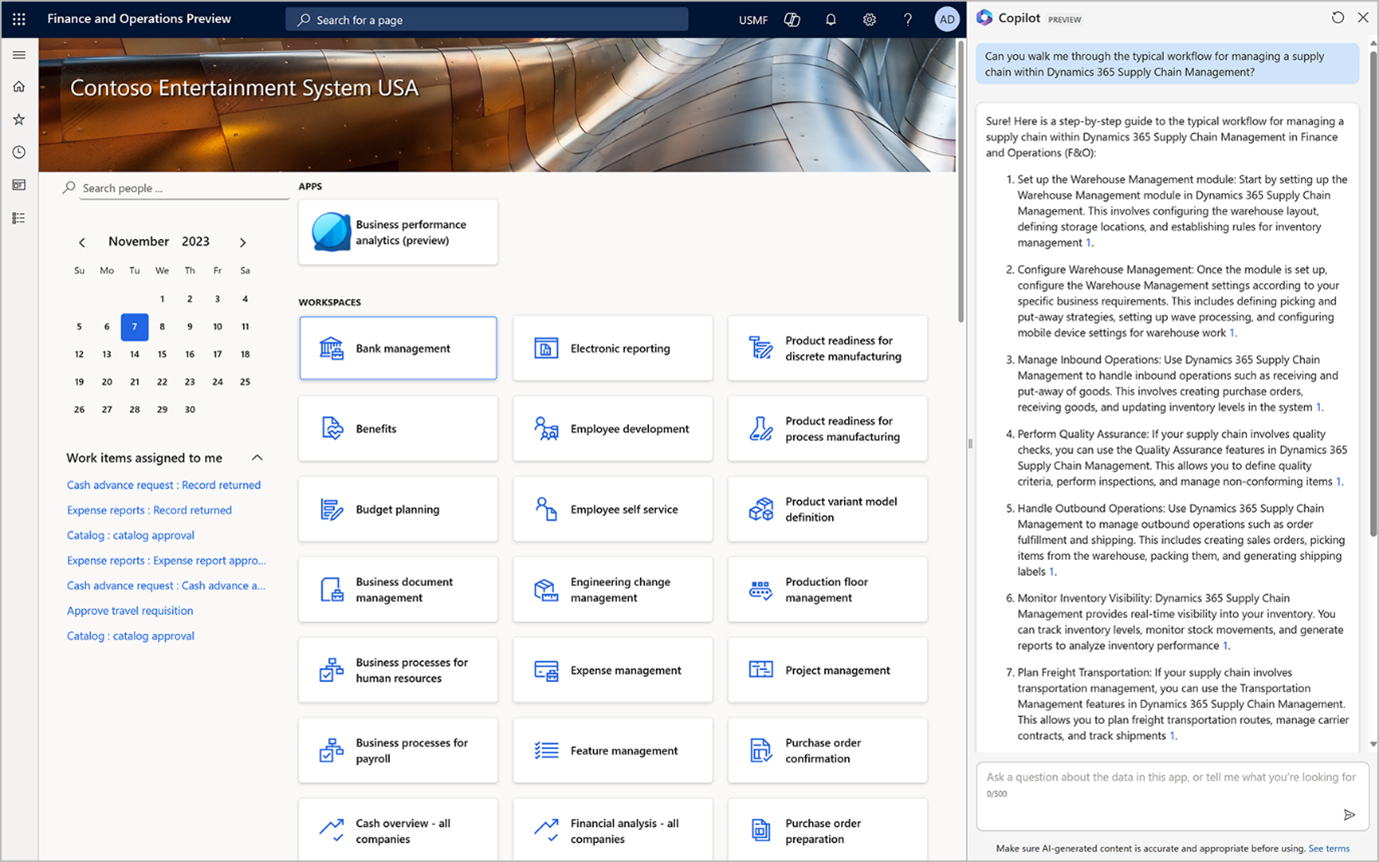 Dynamics 365 Finance interface showing Copilot assisting with automated finance tasks.