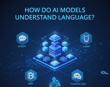 Graphic showing transformer-based AI models like GPT, BERT and LLaMA for language understanding.
