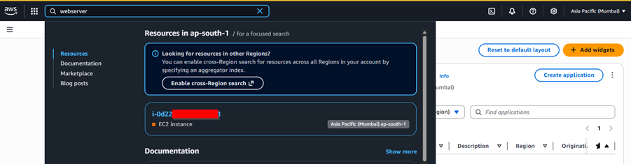 AWS Resource Explorer showing regional search results and cross‑region search prompt.