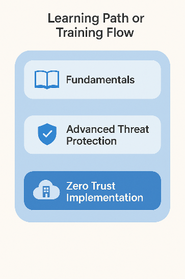 Visual representation showing the flow of Microsoft 365 Security training starting from fundamentals → advanced threat protection → Zero Trust implementation.