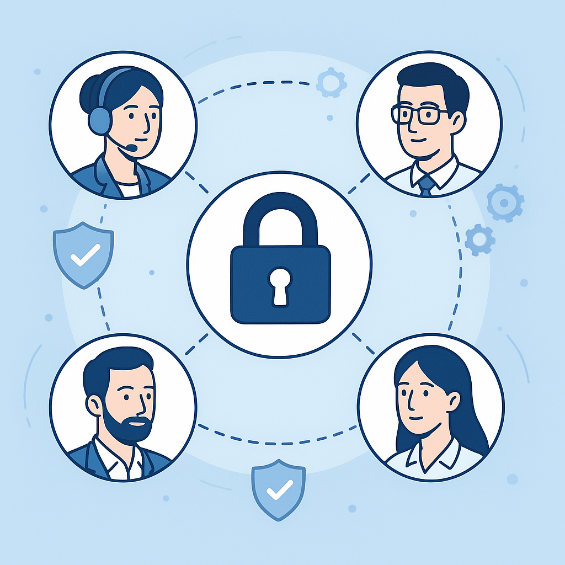 An illustration showing employees connected in a secure network environment, representing continuous monitoring and human involvement.