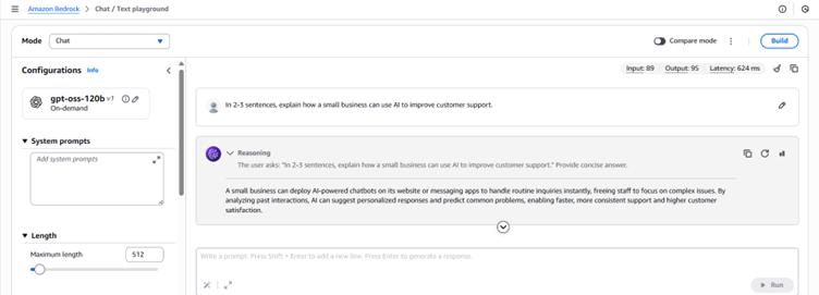 Amazon Bedrock Text Playground showing GPT-OSS-120B model configuration with AI customer support prompt.