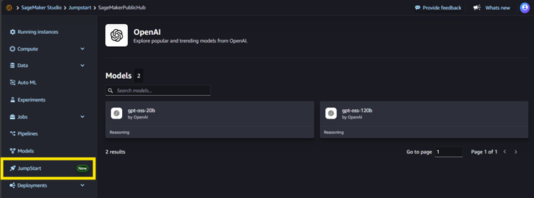 Amazon SageMaker JumpStart interface showing OpenAI GPT-OSS models for deployment.
