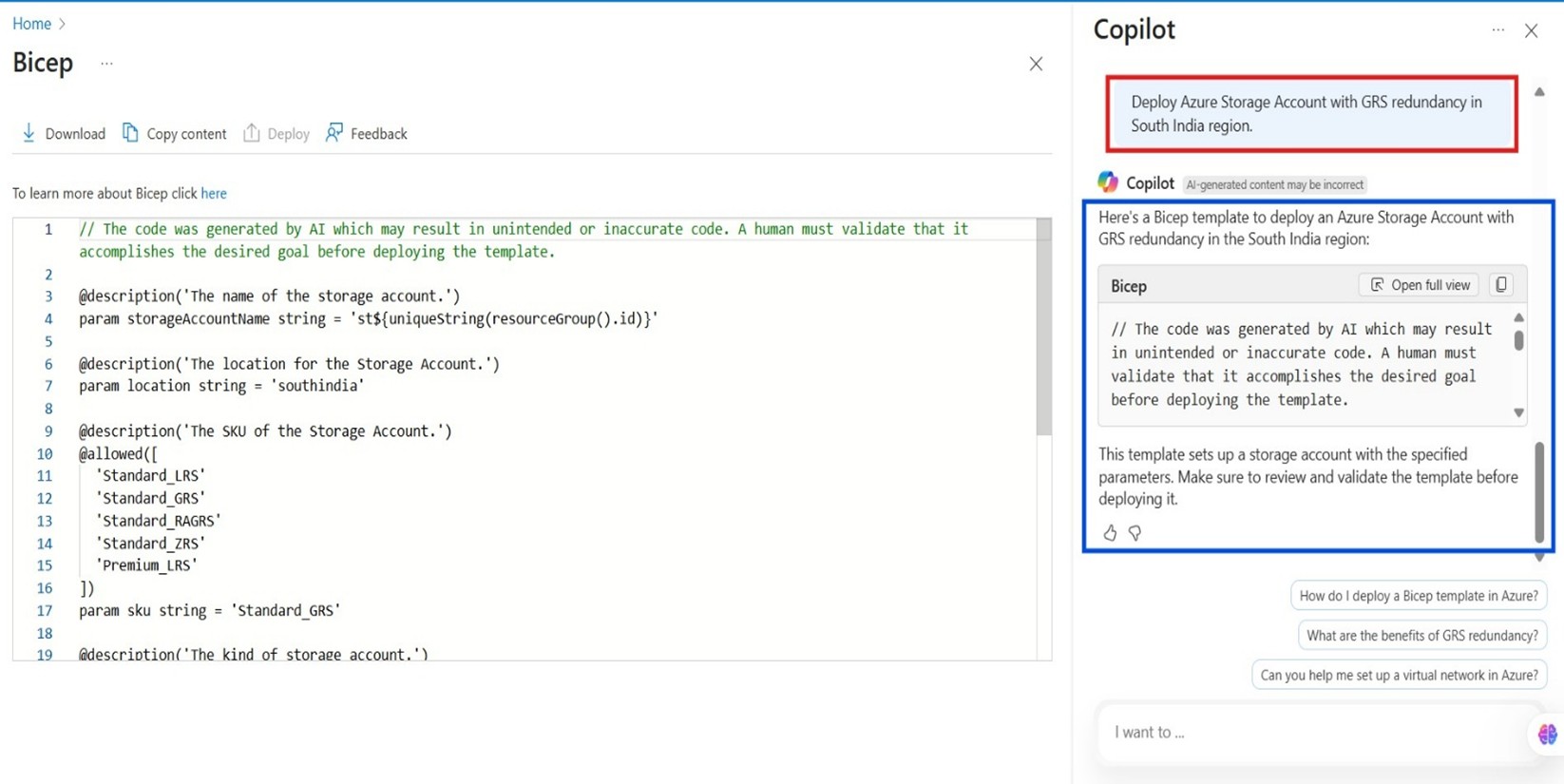 Copilot generating a Bicep template for a geo‑redundant storage account deployment.