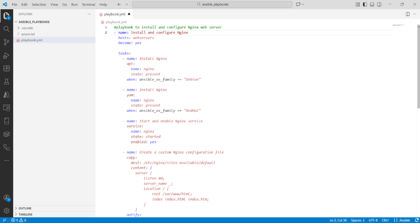 VS Code showing Copilot-suggested Ansible playbook YAML to install and start a web server on Linux hosts.