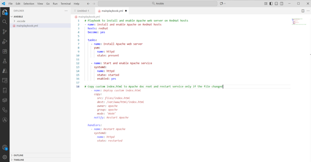 VS Code Ansible playbook with copy task and notify/handler to restart Apache on file change.
