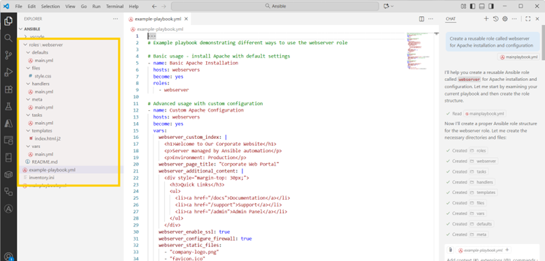 VS Code showing Ansible webserver role structure and example playbook with Copilot-generated files.