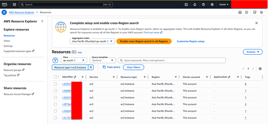 Resource Explorer console listing EC2 instances filtered by resource type in ap‑south‑1.