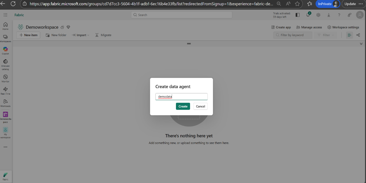 Microsoft Fabric interface showing creation of a new data agent in a demo workspace.