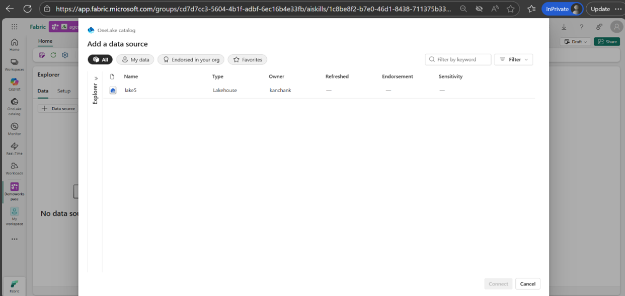 Microsoft Fabric interface showing  catalog for adding a Lakehouse data source.