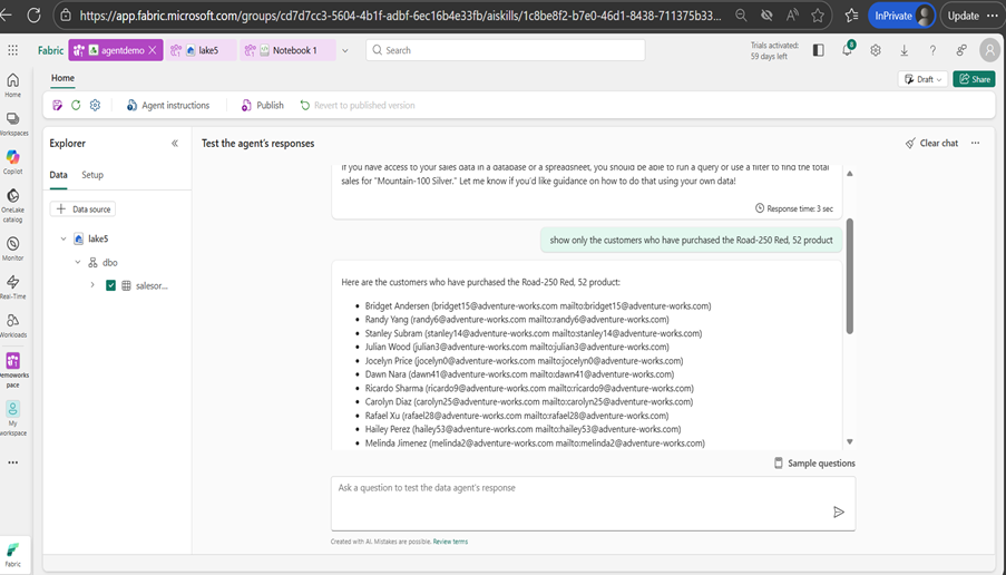 Microsoft Fabric interface showing data agent response to query filtering customers by product purchase.