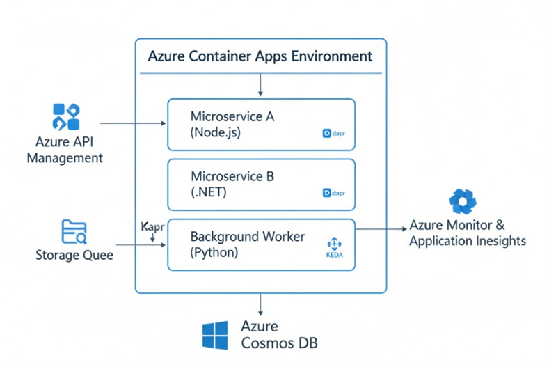 Diagram of Azure Container Apps running microservices with Dapr, KEDA, API Management, storage queue and Cosmos DB.