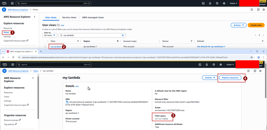 Resource Explorer displaying the 'my‑lambda' view with a filter applied for Lambda service.