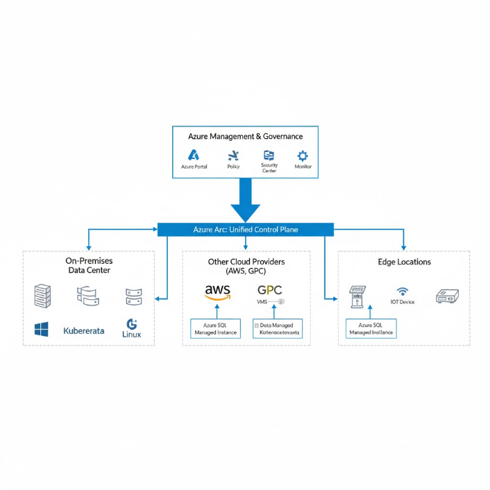 Diagram showing Azure Arc unifying management across on‑premises, multi‑cloud and edge environments.