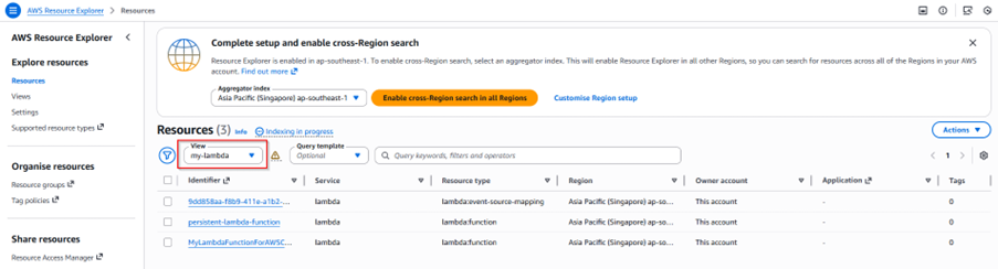 Filtered list of Lambda resources shown using the 'my‑lambda' view in Resource Explorer.
