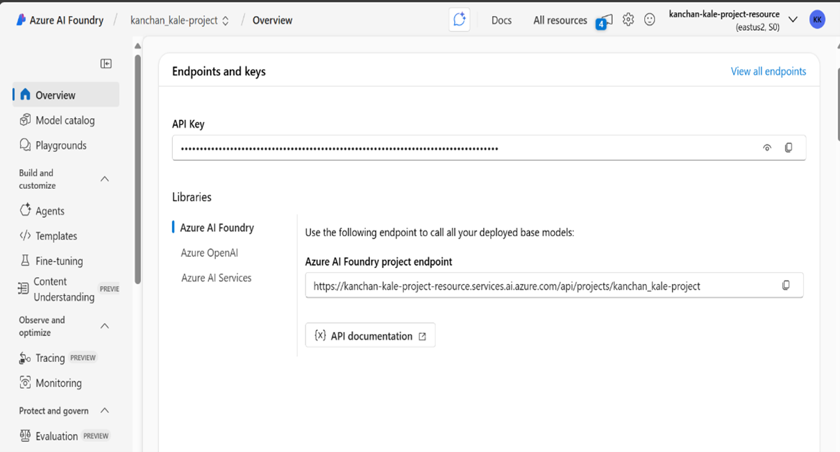 Azure AI Foundry dashboard showing API key and project endpoint for deployed models.