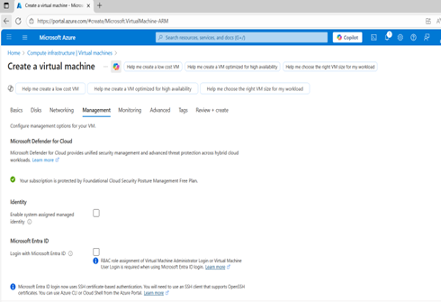 Azure portal showing VM creation page with Entra ID-based authentication and RBAC role options.