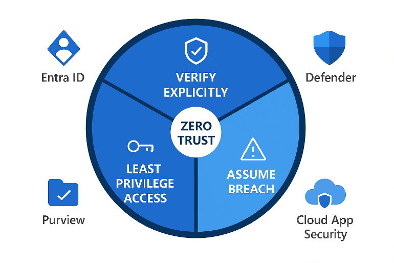 Visual diagram showing the three Zero Trust pillars - Verify Explicitly, Least Privilege Access and Assume Breach- with Microsoft 365 ecosystem icons around it.
