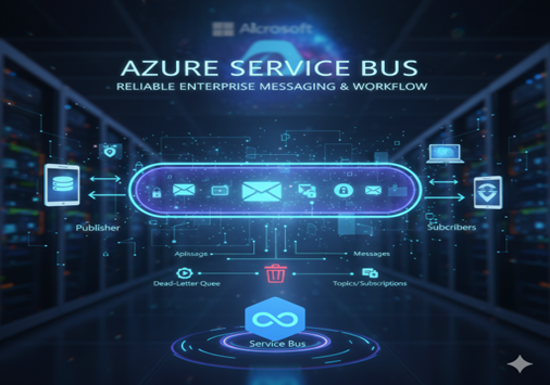 Graphic showing Azure Service Bus workflow with publishers, subscribers, queues, topics, and reliable message routing.