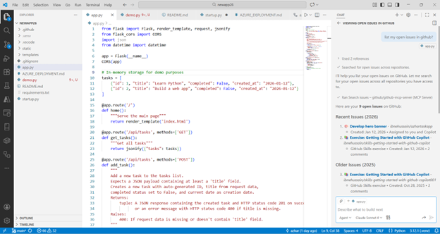 VS Code screenshot showing MCP integration listing GitHub issues beside the code editor with titles, labels, and actions.
