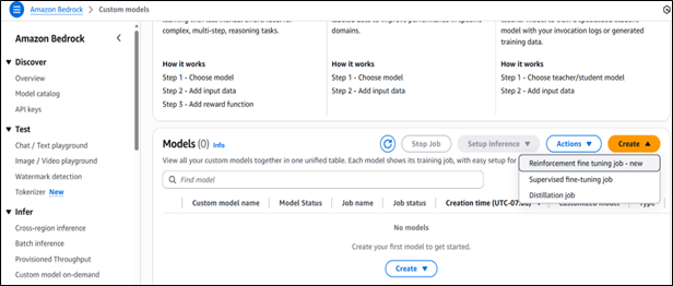 Amazon Bedrock console showing Custom Models section with option to create a reinforcement fine-tuning job.