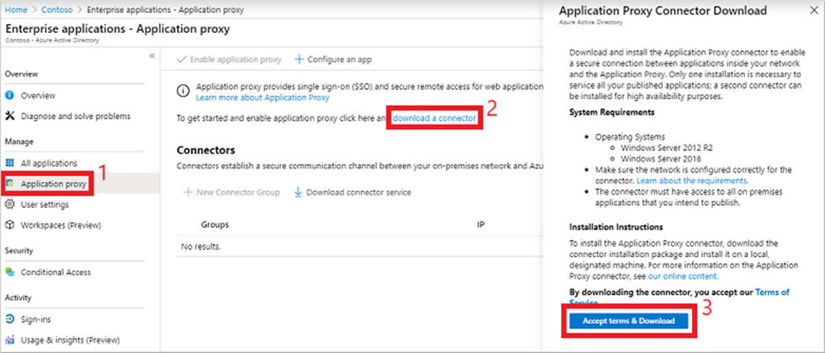 Azure portal screen showing steps to download and install the Azure Entra ID Application Proxy Connector.