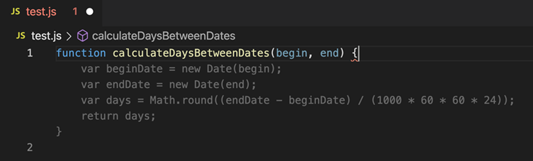 VS Code screenshot showing GitHub Copilot suggesting a JavaScript function to calculate days between two dates.