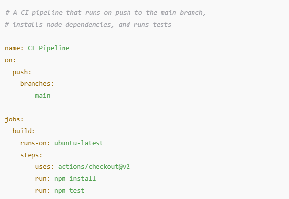 GitHub Actions YAML file showing a CI pipeline that installs Node.js dependencies and runs tests on push to main.