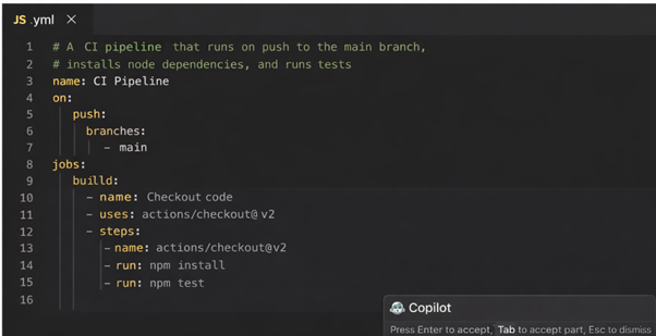 VS Code showing GitHub Copilot generating a GitHub Actions YAML step for build, test, and artifact publish.