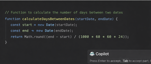 VS Code showing GitHub Copilot suggesting a JavaScript function that calculates days between two dates.