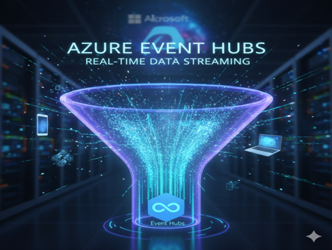 Graphic illustrating Azure Event Hubs real-time data streaming with a funnel visual and digital data flow effects.