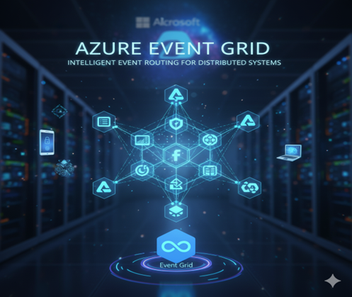 Graphic illustrating Azure Event Grid with digital icons and a glowing data flow in a server room environment.